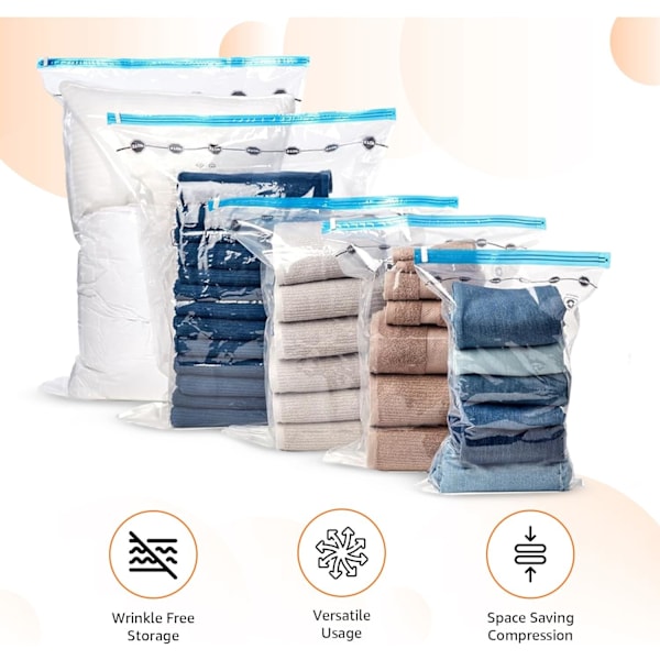 Basics vakuumposer for klær med lufttett ventil og håndpumpe – flere, 3 x jumbo, 3 x store, 3 x mellomstore, 3 x små, 12-pakning, glidelås, 12 pack(multiple) size