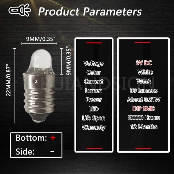 6 kpl E10 LED-lamppu 3V 6000K valkoinen taskulampulle