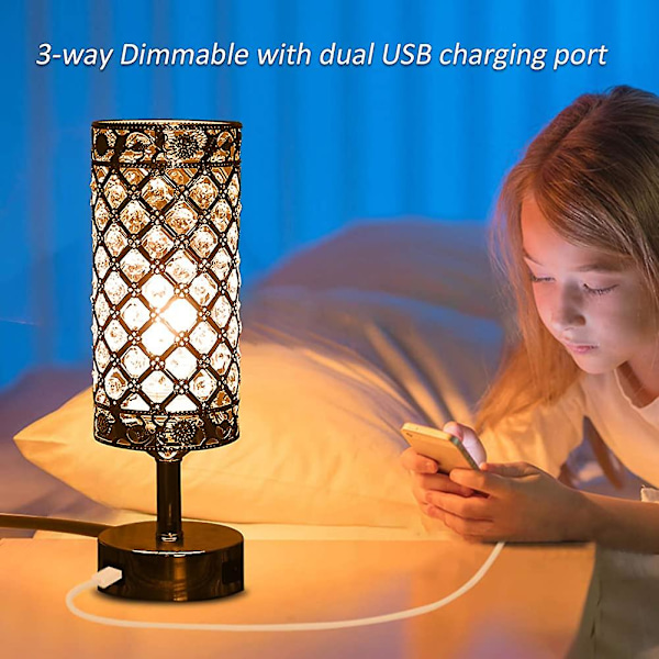 Kristall bordslampa med touchkontroll, dubbla USB-portar, 3-stegs dimbar, Heilwiy present