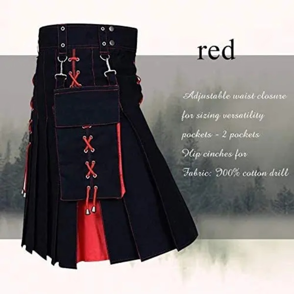 Herre Kilt Utility Skotsk Tradisjonell Highland Solid Plisserte Spenne Spenne Dress Kilts med Lastlommer Rød Red S