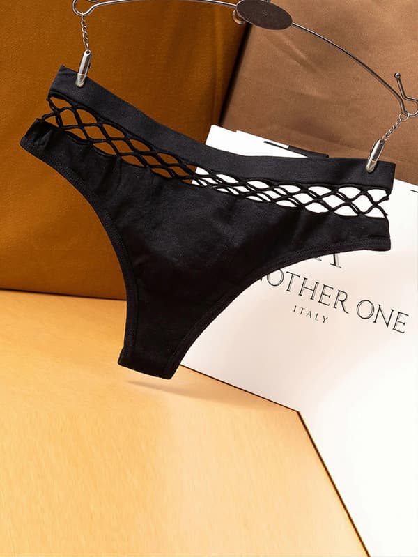 Utskårne ensfargede stringtruser, myke og komfortable elastiske intime truser, dameundertøy og underbukser Black L