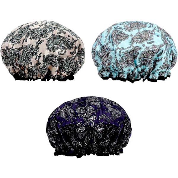 3-pakning Dobbel Lag Dusjhette Vanntett Elastisk Badehette for Kvinner Dusj Spa Salong Multicolor-2