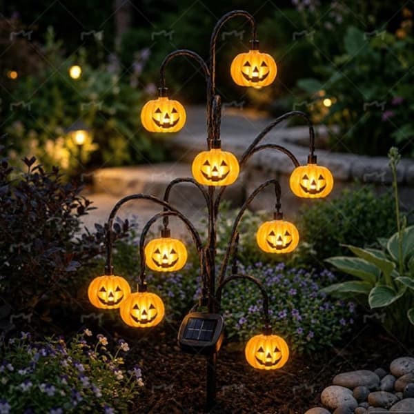 Halloween Solar Træstubslampe, Harpiks Spøgelse Græskar Kranie Kat Udendørs Dekoration Ghost
