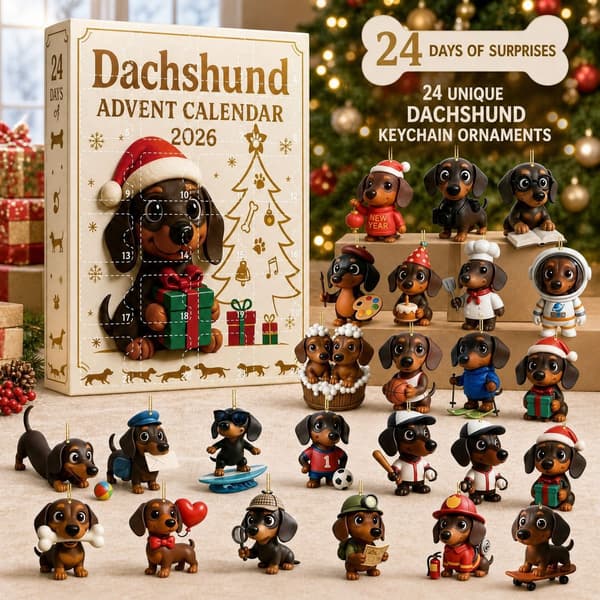 Dachshund julekalender 2026, 24-dagers akryl nedtelling blindboks gave
