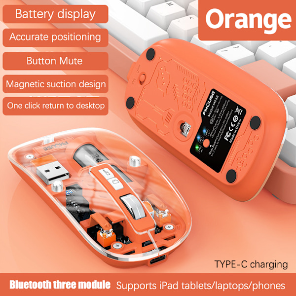 M233 Transparent Magnetisk Mus Trippel Tilstand 2.4G Bluetooth Kompa Orange Orange A9