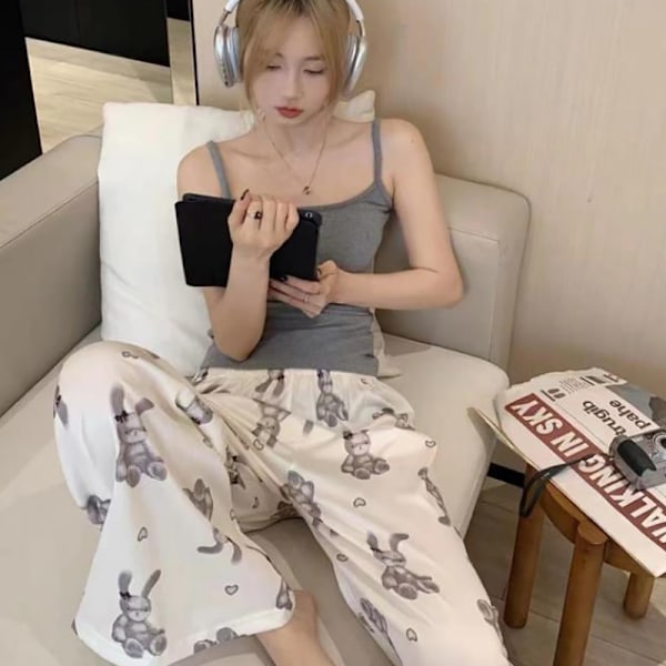 Pyjamat Sarjakuvaprintti Leveälahkeiset Housut Naiset Kesä Tw Beige Beige M