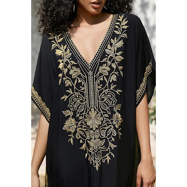 YouKD Kaftan med blomsterbroderi, bohemisk strandklänning, bikiniöverdrag, lång strandkaftan för kvinnor
