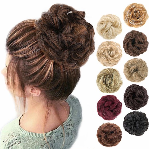 1 stk Messy Hair Bun Hårsnodd Forlengelse Krøllete Bølget Messy Syntetisk Chignon for Kvinner Updo Hairpiece Dark Brown & Light Auburn Mixed