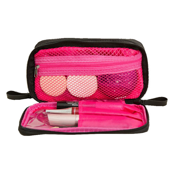 Makeup Taske Dobbelt Lynlås Lukning Sort Indvendig Pink Rum