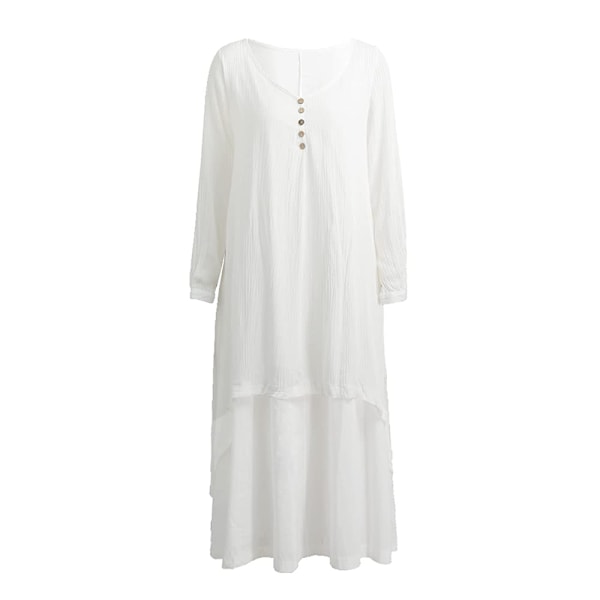 Kaftan i bomuld og hør til kvinder, boho plus size med lommer, løse lange ærmer, V-hals, plisseret lang linnedkjole, lagdelt maxikjole, afslappet kjole