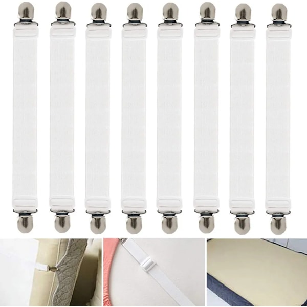 Justerbare lagenstropper, 8 elastiske stropper med metalclips til lagner, madrasser, sofa