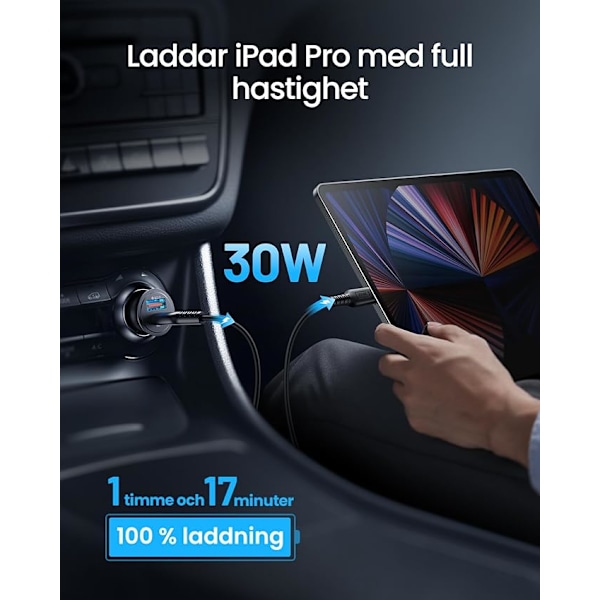 52.5W Billaddare [USB C + USB A], PD & QC 3.0 Snabbladdande USB-adapter, Billaddningsadapter för iPhone iPad Samsung