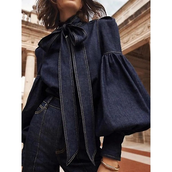 Moderne imiteret denim puff ærme butterfly slips slips til kvinder forår og efterår høj hals S størrelse