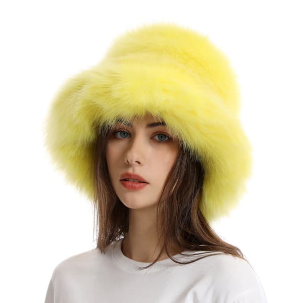 Fuzzy Bucket Hat Vinter Fluffy Plysset Faux Fur Hat yellow