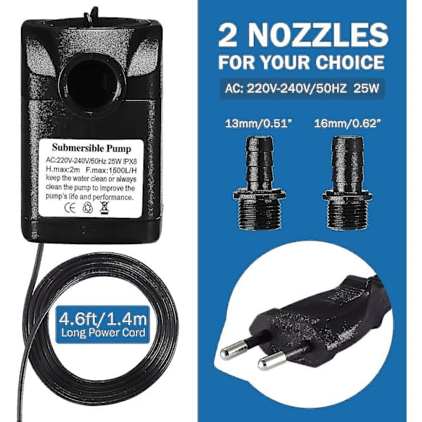 25W 1500 l/t Dykpumpe med 1,5 m Strømkabel og 2 Dyser - Xin