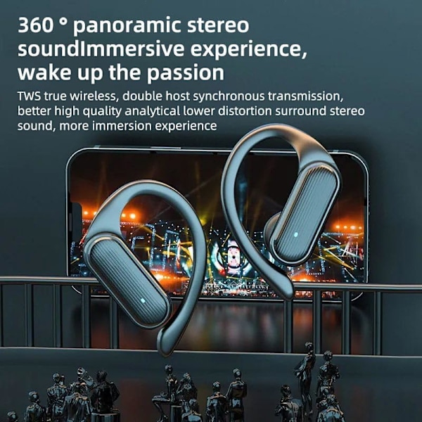Trådløse støjreducerende hængende 3D surround sound hovedtelefoner, vandtætte Bluetooth open earbuds til cykling og løb (sort)