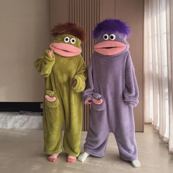 Söt Stort Mun Monster Onesie Pyjamas Tjock Korallfleece Hemmakläder För Par Män Kvinnor Höst Tecknad Sovplagg 2 XL