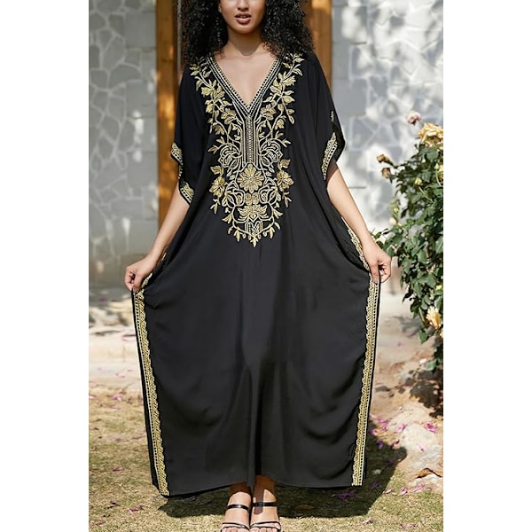 YouKD Kaftan med blomsterbroderi, bohemisk strandklänning, bikiniöverdrag, lång strandkaftan för kvinnor
