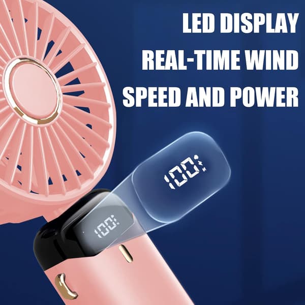Jsdoin Handhållen Fläkt - USB Laddningsbar, 5 Hastigheter, Vikbar, LED-Display pink