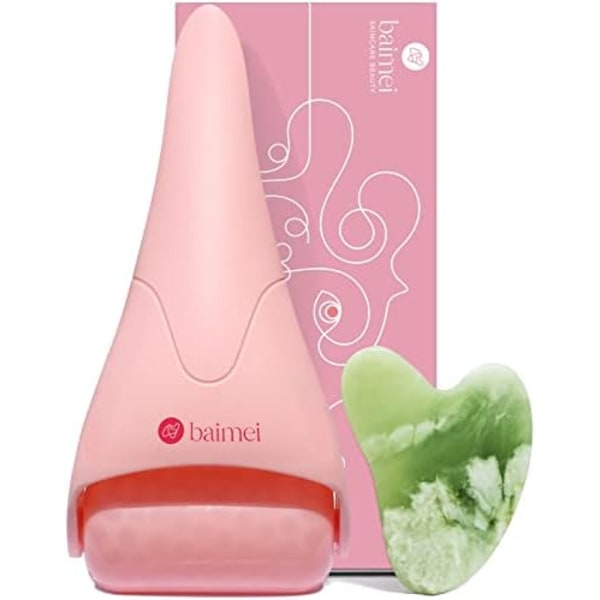 Jade Roller & Gua Sha Set i Rosenkvarts - Ansiktsmassage för Rynkor & Muskelspänningar Pink and green -