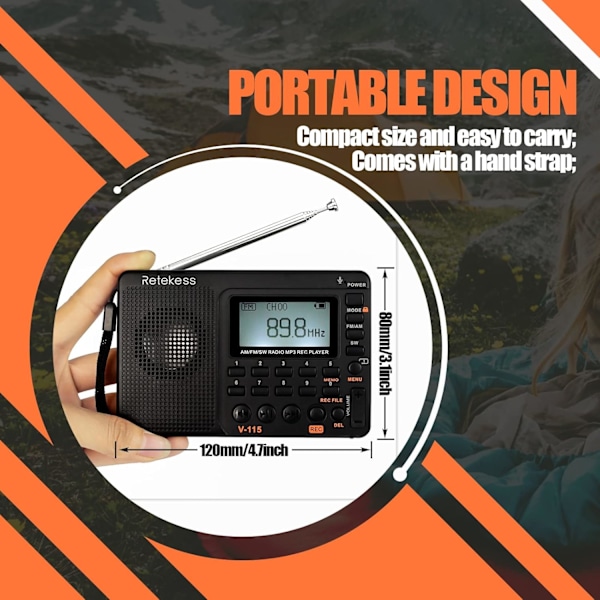 V115 Digital Bærbar Radio, AM FM Personlig Transistorradio, Støtte TF-kort med Opptaker, MP3-spiller, Sleep Timer (Svart)