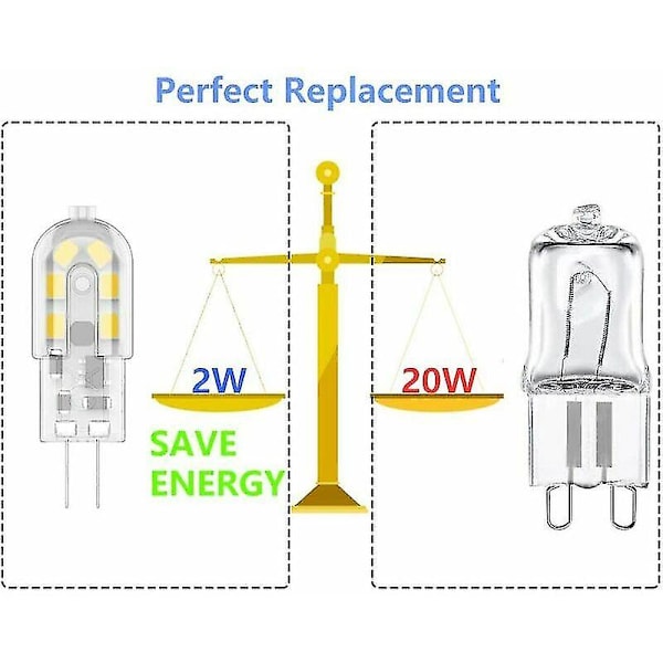 Pakke med 10 G4 2W LED-lamper - tilsvarer 20W halogen, varm hvit 3000K, 200lm, 12V AC/DC Energiklasse A+