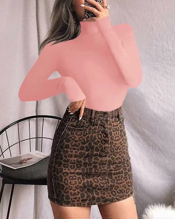 Langærmet Mock Neck Bodysuit til kvinder Jumpsuit Top Long Sleeve Pink Medium