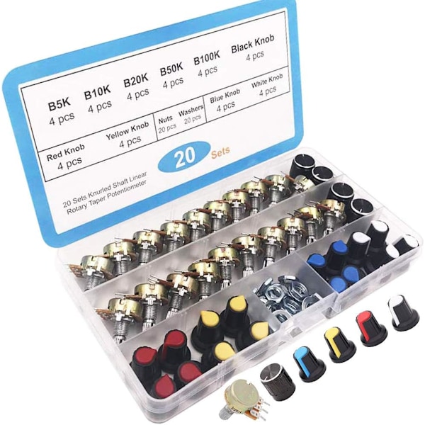 20 stk Potensiometersett, (B5K B10K B20K B50K B100K) Lineær Rotary Potensiometer, Rotary Potensiometer, Lineær Potensiometer 3 Terminaler, WH148