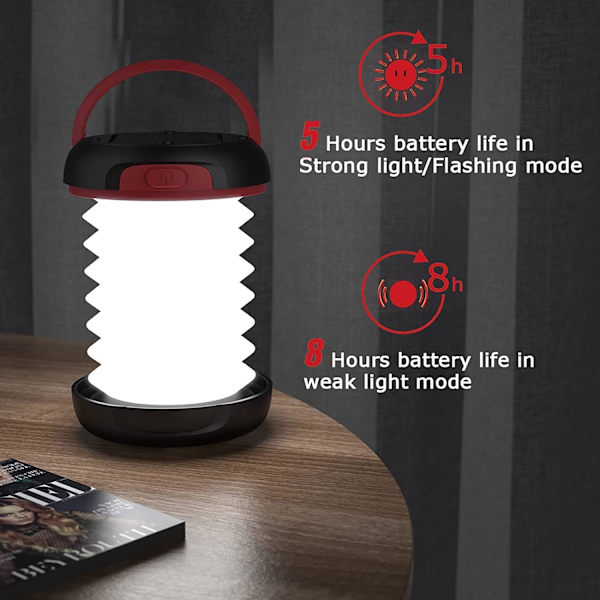 LED Campinglampe, foldbar solcellecampinglanterne, powerbank med 2 opladningsmetoder (solcelle/USB) og 3 lystilstande