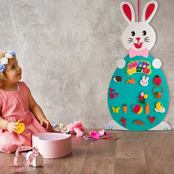 Pääsiäisen DIY Huopapupu-setti taaperoille, 94 cm roikkuva pupu huopatyösetti, jossa tipu, siili, perhonen, kukkia, risti, 17 irrotettavaa osaa