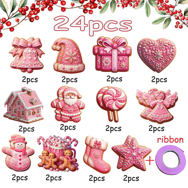 24-delt rosa pepperkake juletrepyntsett - juletrepynt