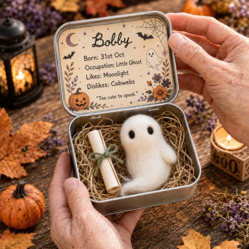 Adoptera en liten spökpresentförpackning, söt nyhetsförpackning för små presenter och Halloween