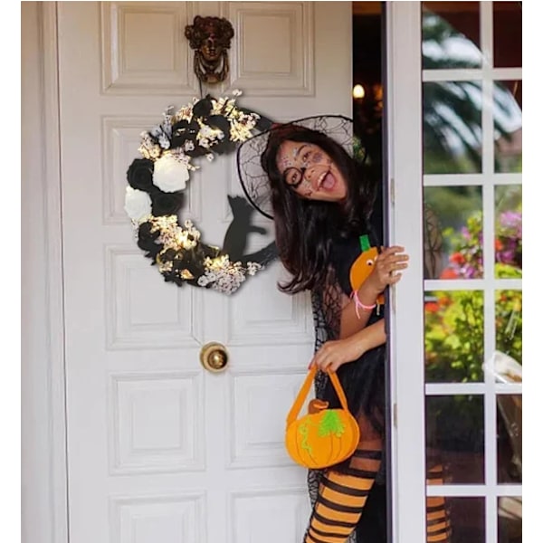 Halloween dørkrans med lys, blomstermånekrans med svart katt Halloween dekorasjon