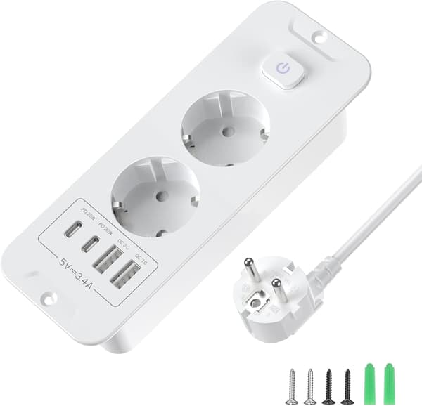 2-veis innfelt stikkontakt med 2 USB-porter og 2 meter kabel