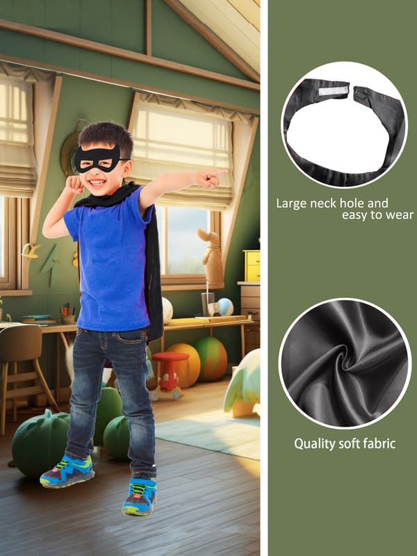 Superheltkapper og masker for barn, rollespill, festkostyme, Halloween-utkledning, gutter og jenter Black One-size