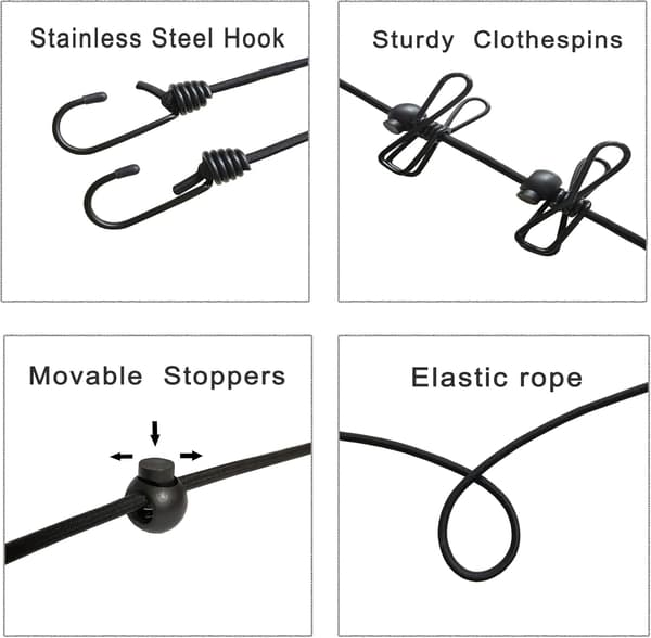 Rejsesnor til backpacking, skridsikre clips elastisk reb bærbart og pladsbesparende design (kan forlænges til 360 cm)