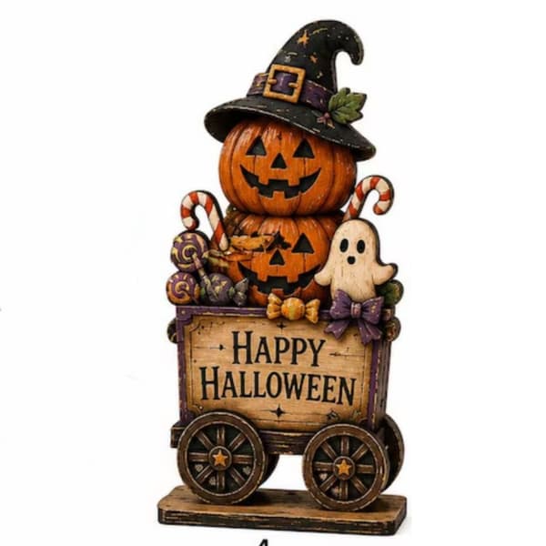 Spøkelseshusfigur i tre, Halloween Spøkelse Gresskar Borddekorasjon, 15cm 4 15cm/1.6cm