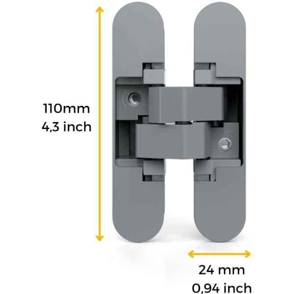 Set med 2 gångjärn med lock för innerdörrar, last 40 kg, öppning 180 grader, Zamak, Metallgrå
