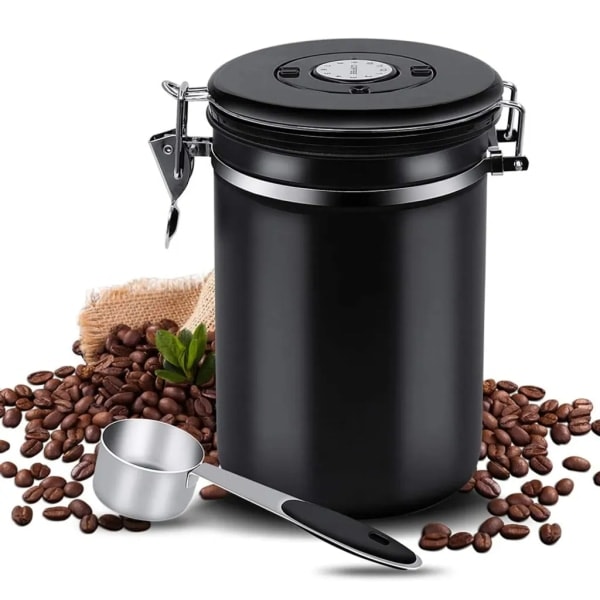 Kaffekrukke Lufttæt Krukke Rustfrit Stål Opbevaringsbeholder til Kaffebønner 1,5 L med Ske og Udluftningsventil til Kaffe Te, Sort