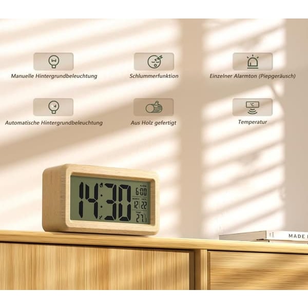 Digitalt trævækningsur med LCD-skærm, udstyret med smart lyssensor og snooze-funktion