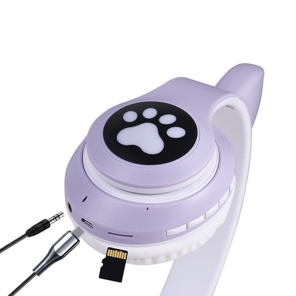 Bluetooth-headset, Barnheadset med kattöron, Vikbar, Med LED-ljus, Lila D