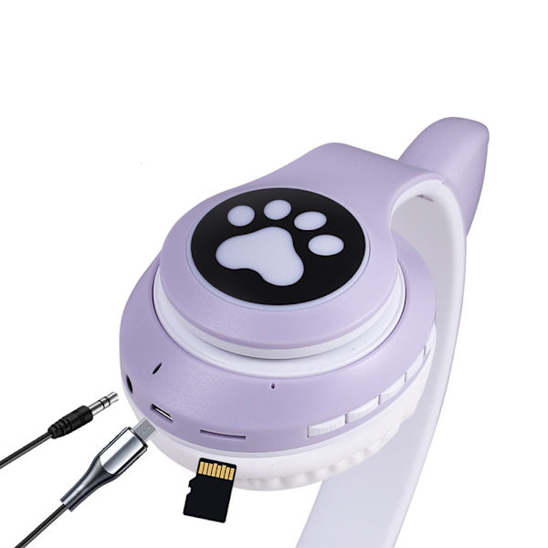 Bluetooth headset, Børneheadset med katteører, Foldbart, Med LED-lys, Lilla D