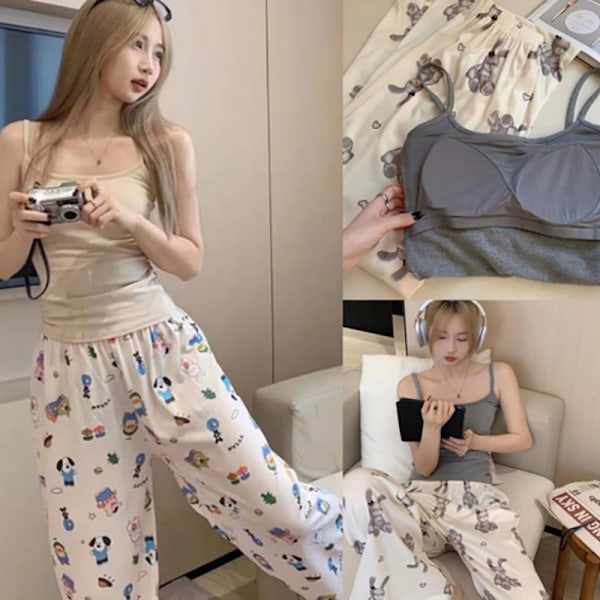 Pyjamas Tecknat Tryck Vida Ben Byxor Dam Sommar Tw Grå Grey XL