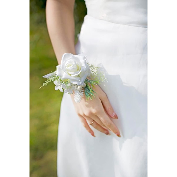 Vitt Corsage och Boutonniere Set Konstgjorda Rosblommor Handledsblommor