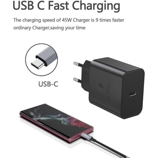 Hurtiglader 45W for Samsung USB-C + 2M USB C Kabel Svart