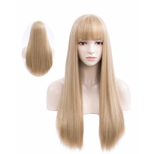 Blond Parykk med Pannelugg, Lang Rett Askeblond Parykk for Kvinner, 27 Tommer Varmebestandig Syntetisk Dame Parykk for Cosplay Fest Halloween