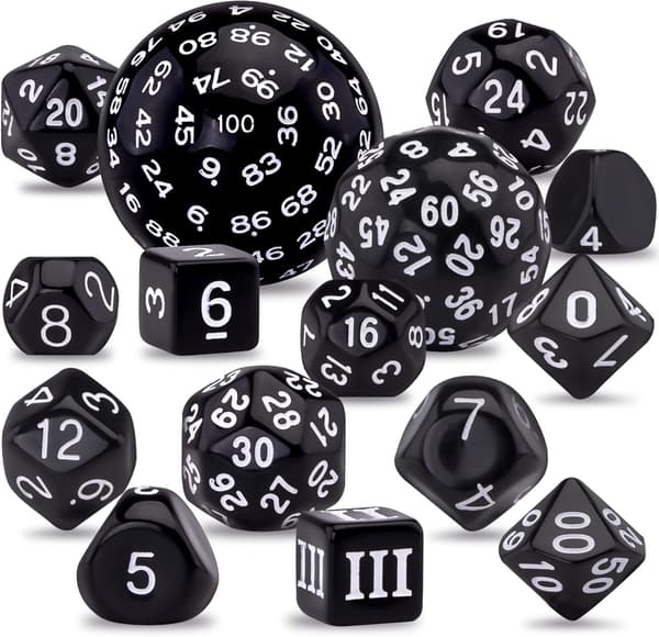 15-sidigt tärningsset, svart och vitt, Polyhedral Dice Set f(FQ)