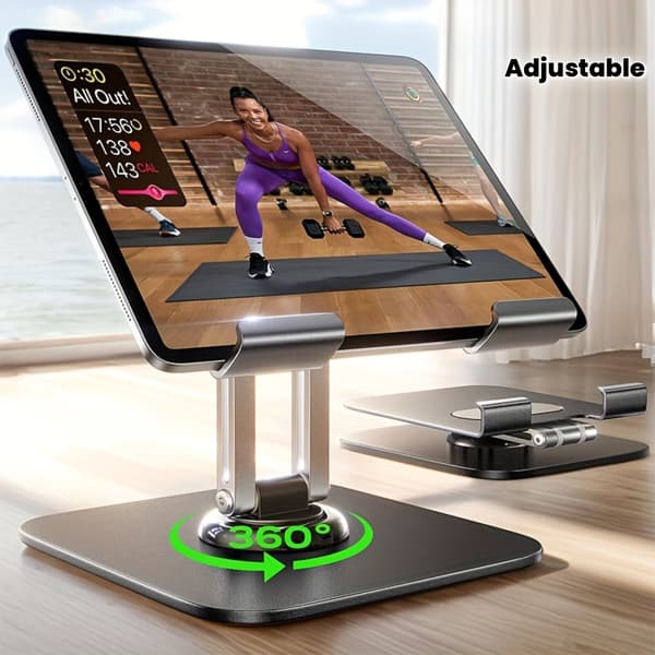 Kraftig, justerbar tabletstander med roterende base og foldbart design - kraftig jernkonstruktion, 360° roterende tablets, til iPad, telefon, Ta 1pc