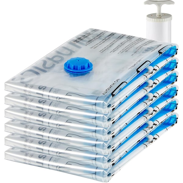 Basics vakuumposer for klær med lufttett ventil og håndpumpe - Jumbo, 6-pakning, glidelås, transparent 6 pack(jumbo) size