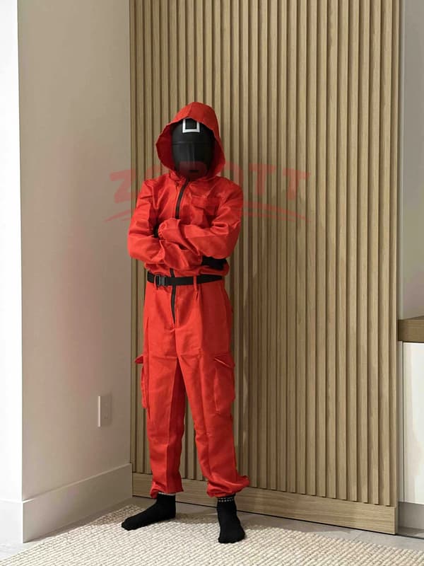 Rød Squid Game Jumpsuit og Maske Cosplay Kostume til Fest og Rollespil Red L